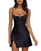 Black Mini Dress – Ruched Bust – Underwire Cups – Tie Front – Satin Finish
