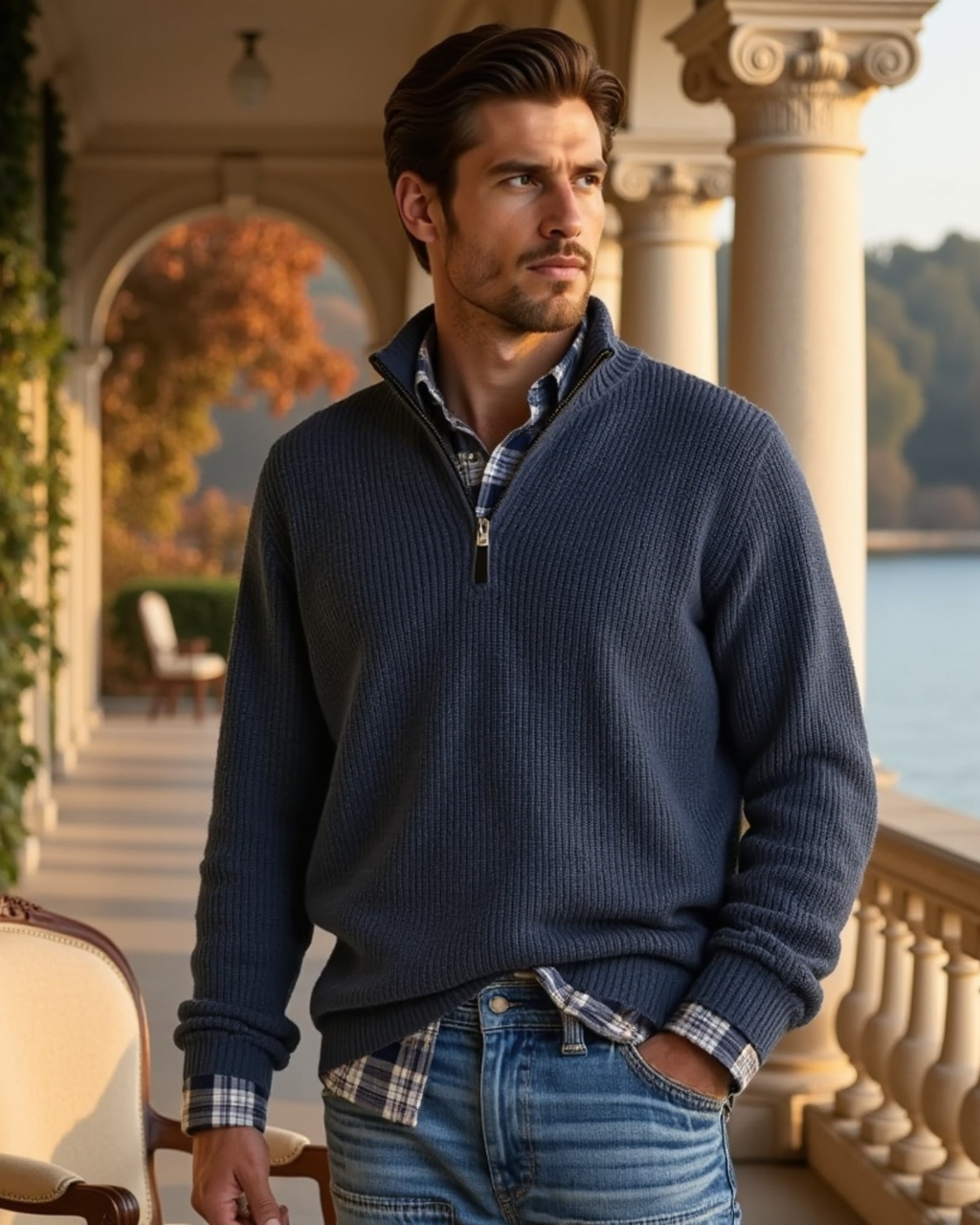 Men's Casual-Fit Sweater with Zippered Collar