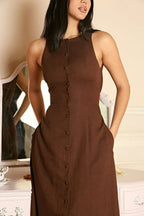 Brown Button Front Midi Dress with Cinched Waist