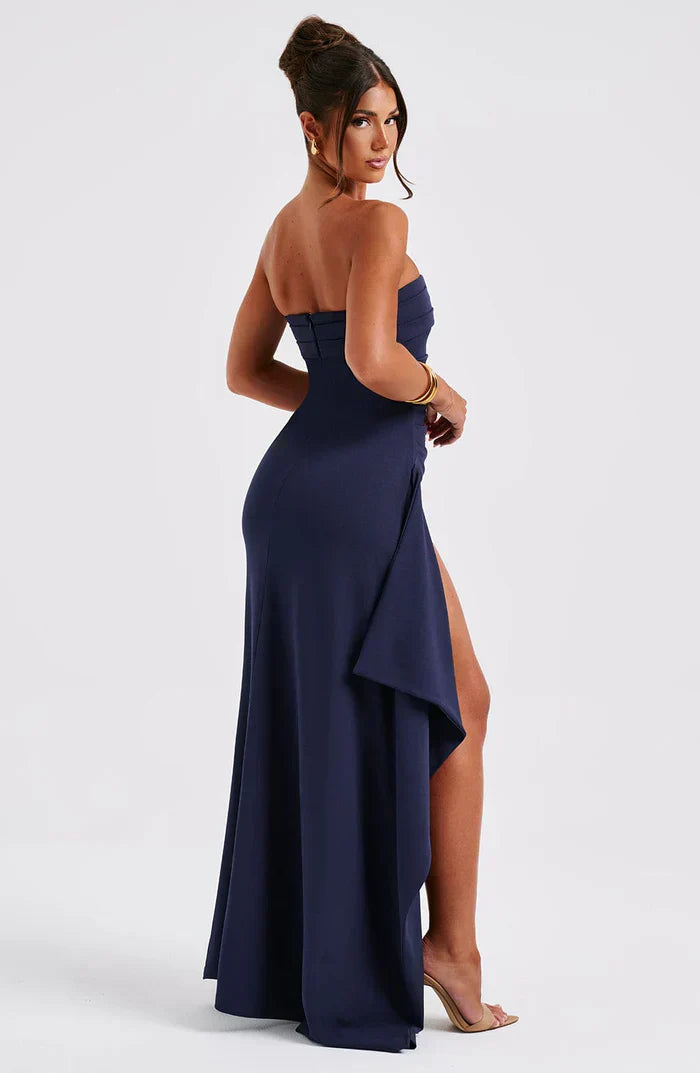 Navy Strapless Midi Dress with Side Split