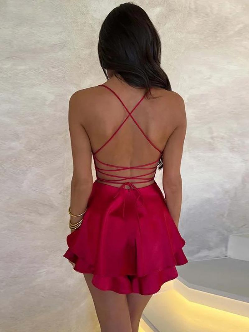 Red Satin Lace Up Mini Dress