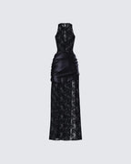 Black Lace Maxi Dress with Thigh High Slit