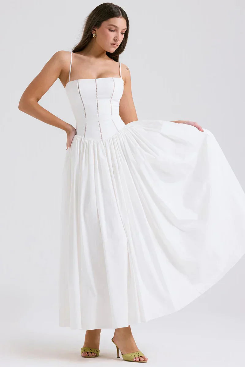 White Midi Sundress with Fitted Bodice and Flowy Skirt