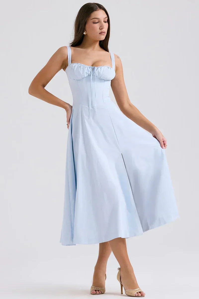 Blue Midi Dress with Corset Bodice and Side Split