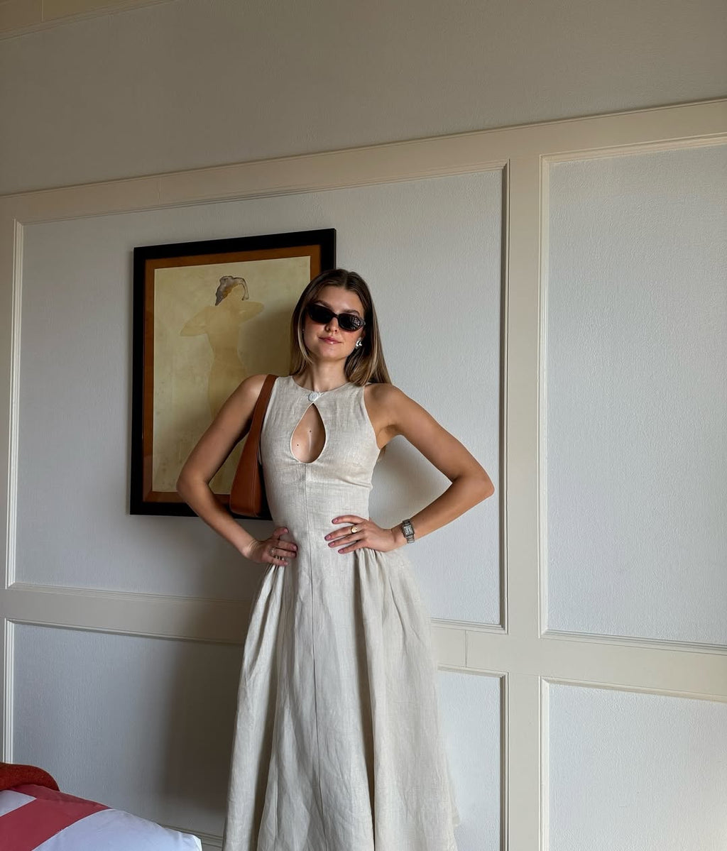 White Sleeveless Maxi Dress with Mock Neck and Cut-Out Detail