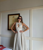 White Sleeveless Maxi Dress with Mock Neck and Cut-Out Detail