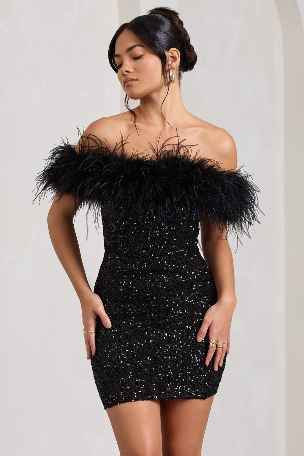 Black Sequin Bardot Mini Dress with Feather Trim