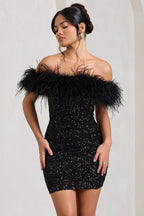 Black Sequin Bardot Mini Dress with Feather Trim