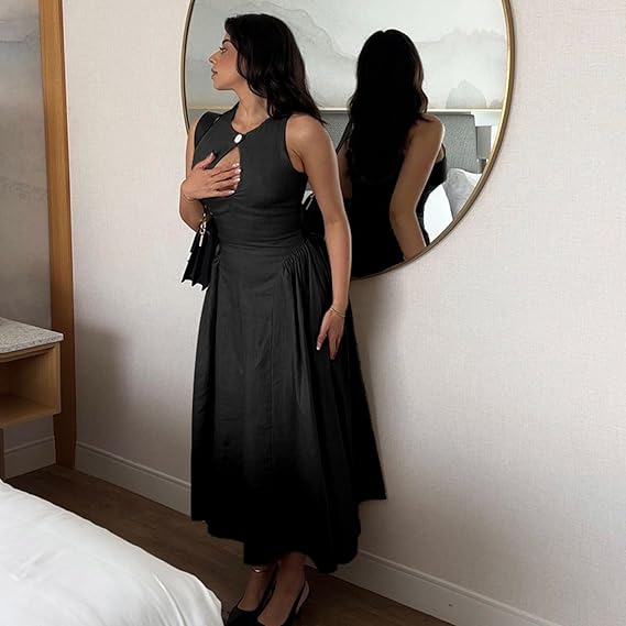 Black Maxi Dress – Sleeveless Mock Neck – Cut-Out Detail – Women’s Elegant Style