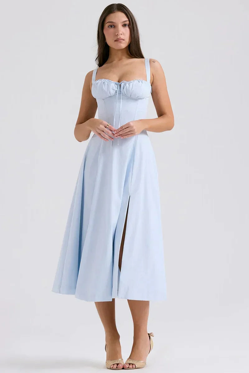 Blue Midi Dress with Corset Bodice and Side Split