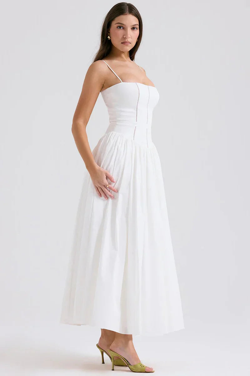 White Midi Sundress with Fitted Bodice and Flowy Skirt