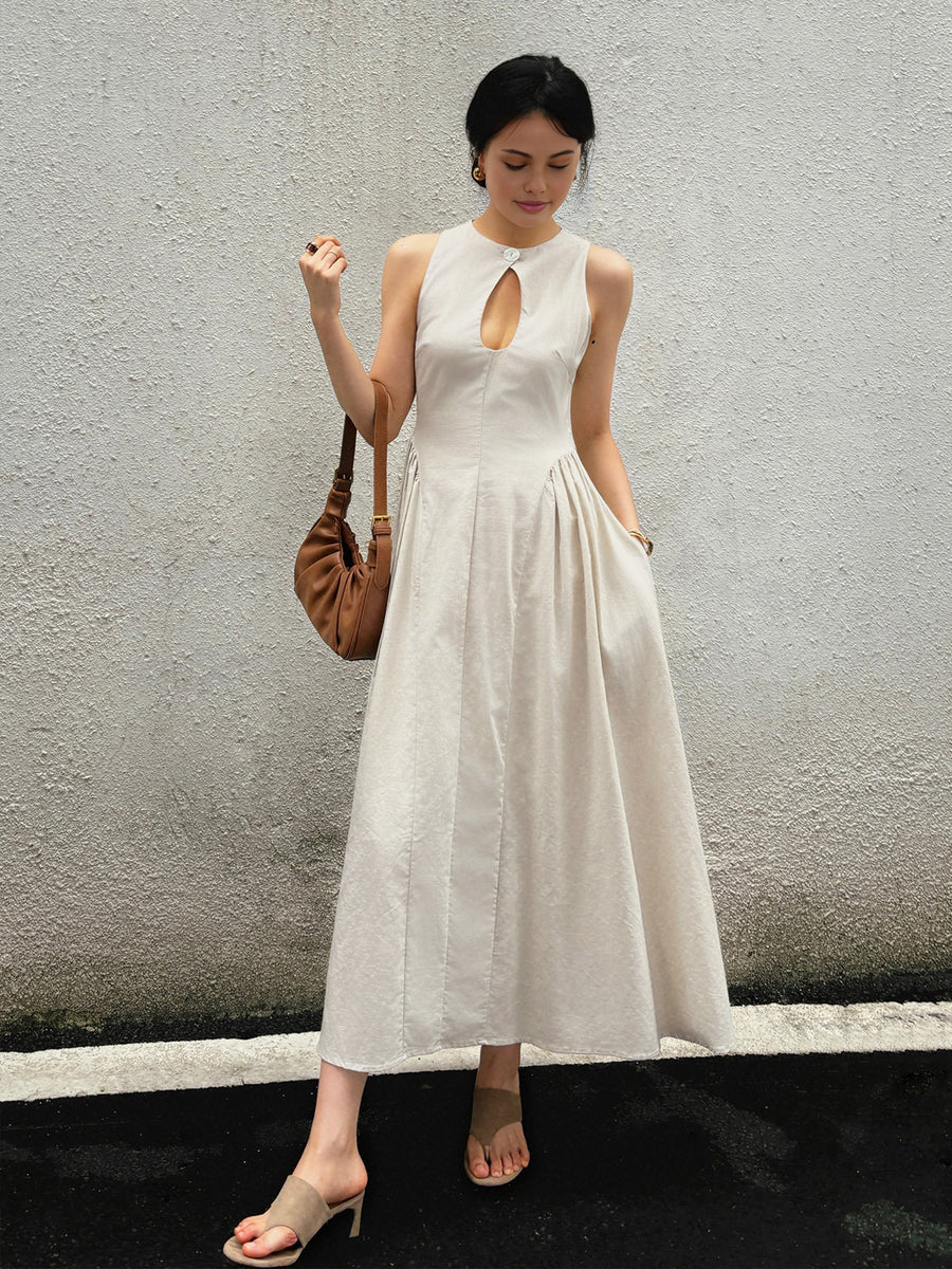 White Sleeveless Maxi Dress with Mock Neck and Cut-Out Detail