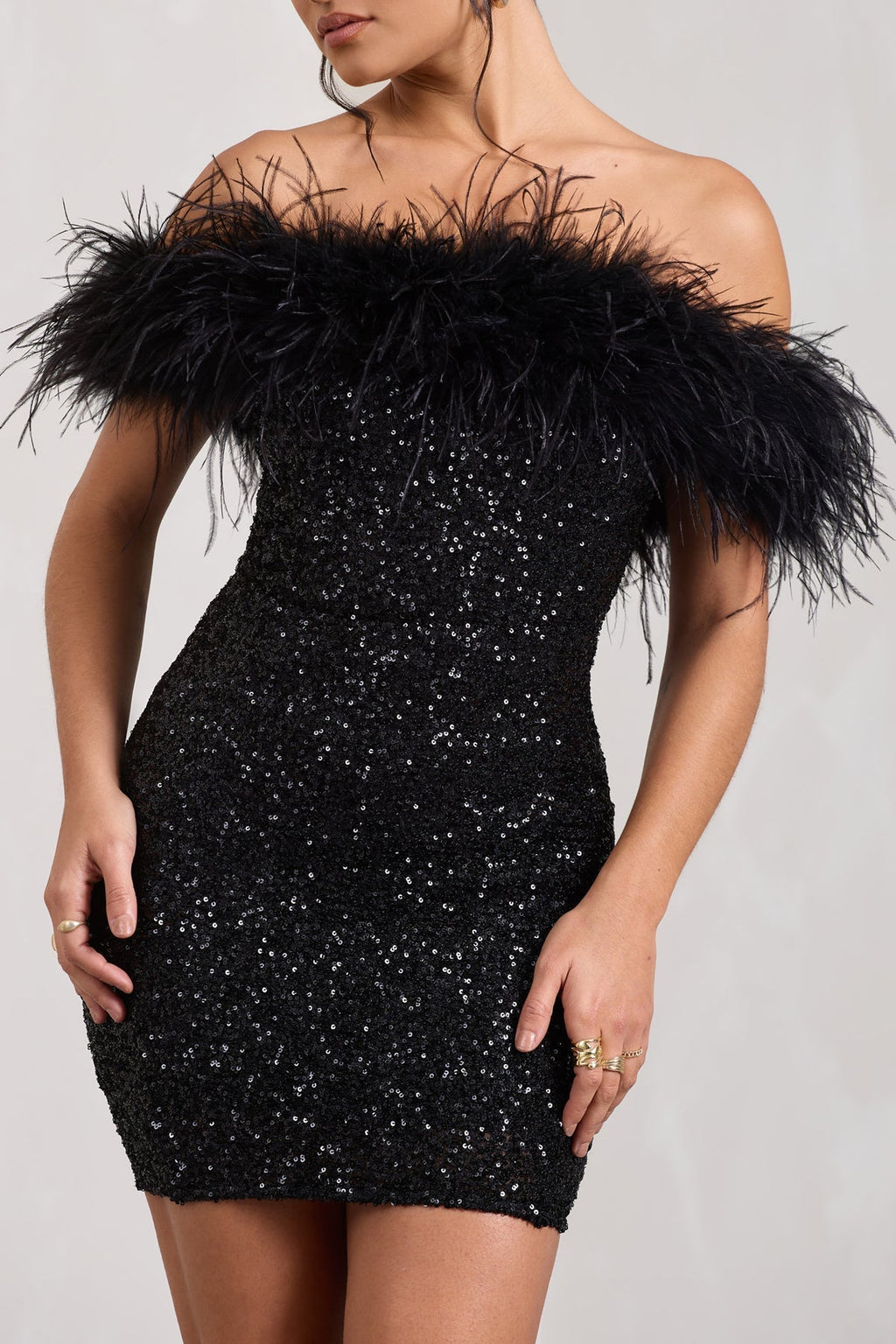Black Sequin Bardot Mini Dress with Feather Trim