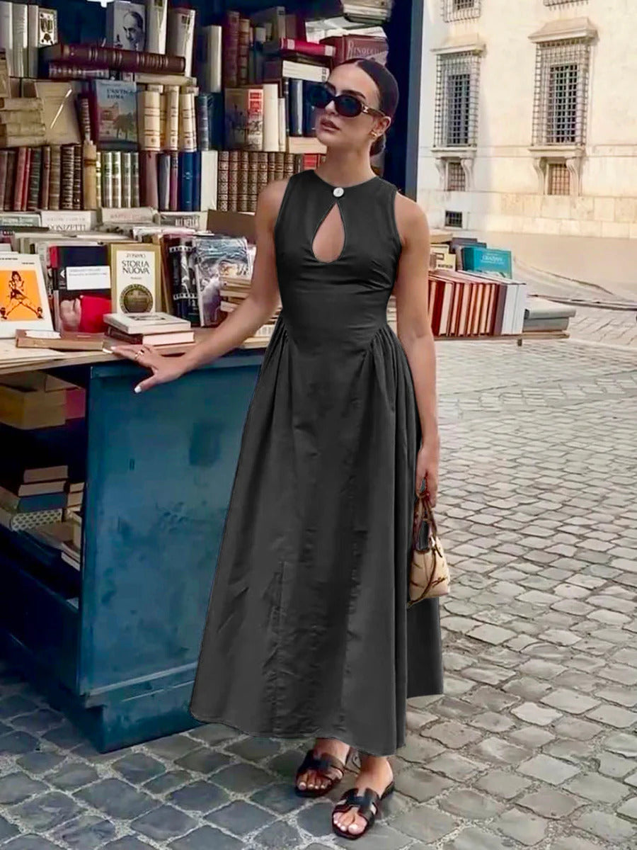 Black Maxi Dress – Sleeveless Mock Neck – Cut-Out Detail – Women’s Elegant Style