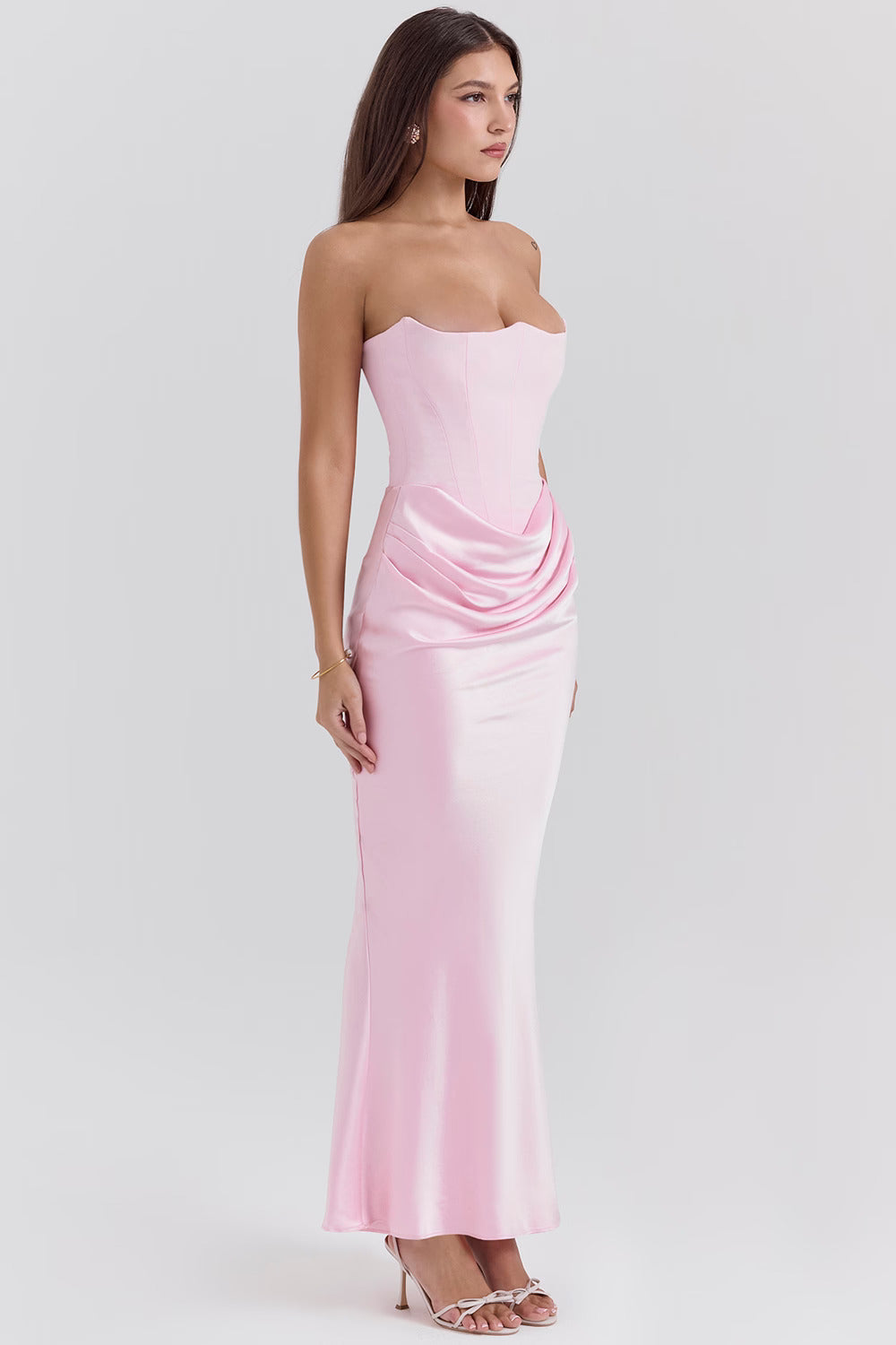 Pink Satin Look Maxi Dress with Structured Bodice