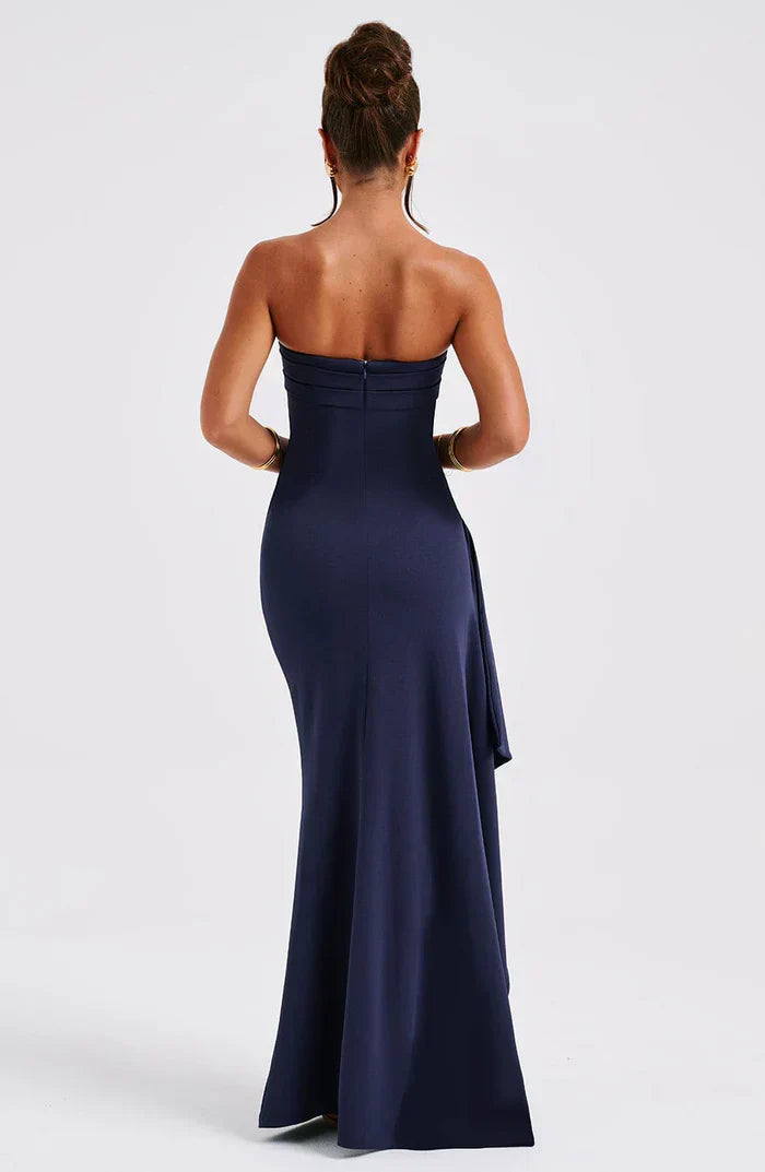 Navy Strapless Midi Dress with Side Split