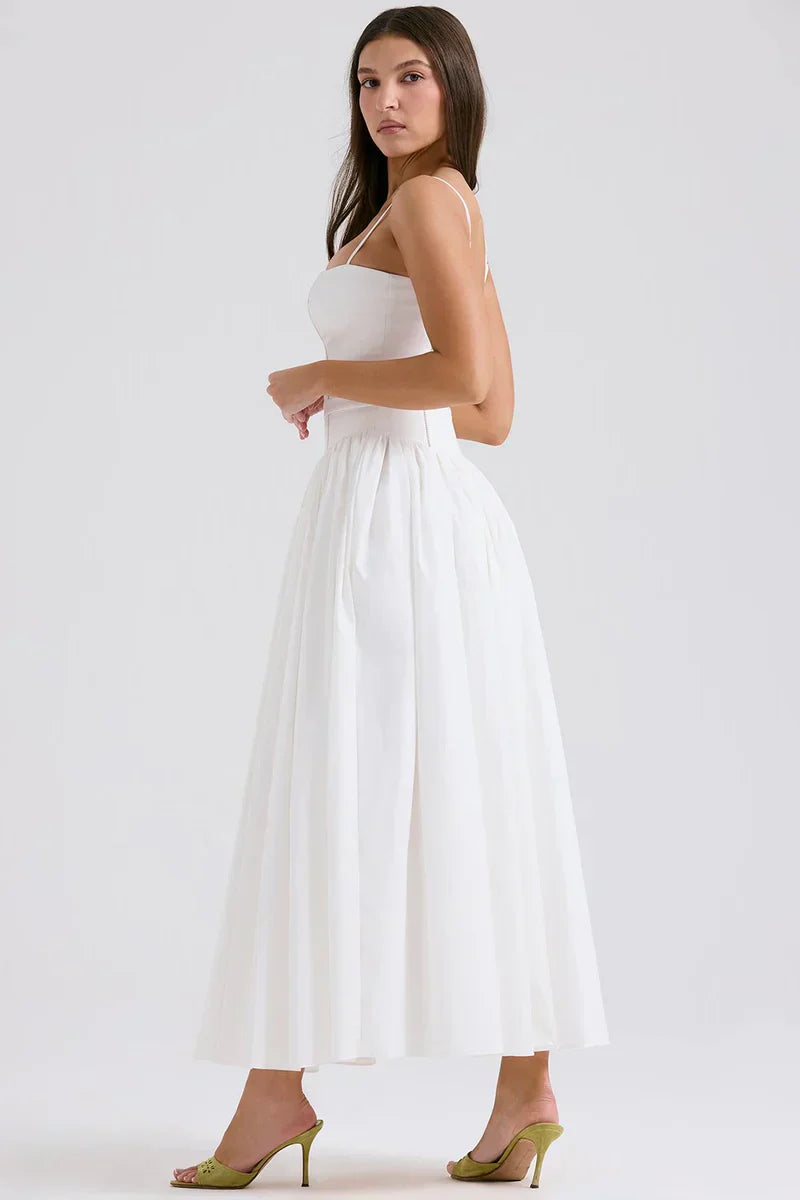 White Midi Sundress with Fitted Bodice and Flowy Skirt