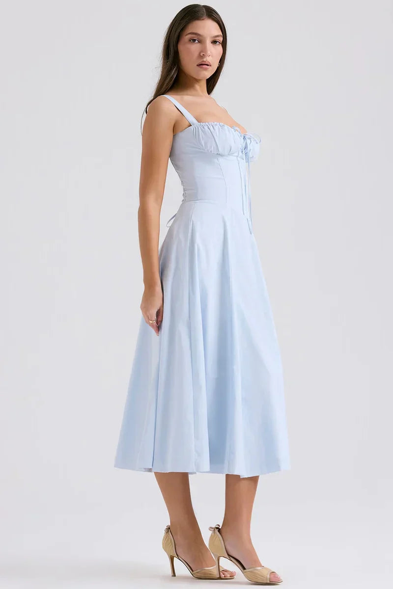 Blue Midi Dress with Corset Bodice and Side Split