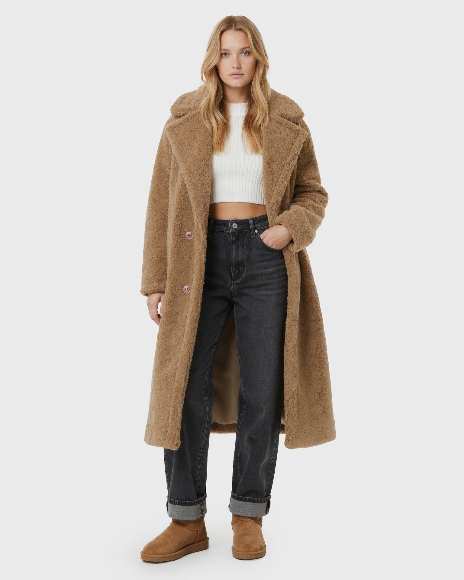 Women's Long Teddy Coat with Straight Silhouette