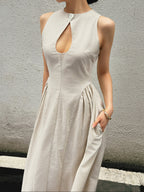 White Sleeveless Maxi Dress with Mock Neck and Cut-Out Detail
