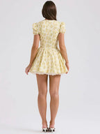Yellow Floral Mini Dress with Pleated Detail
