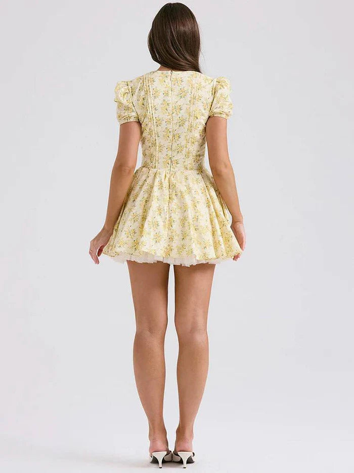 Yellow Floral Mini Dress with Pleated Detail