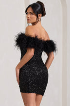 Black Sequin Bardot Mini Dress with Feather Trim