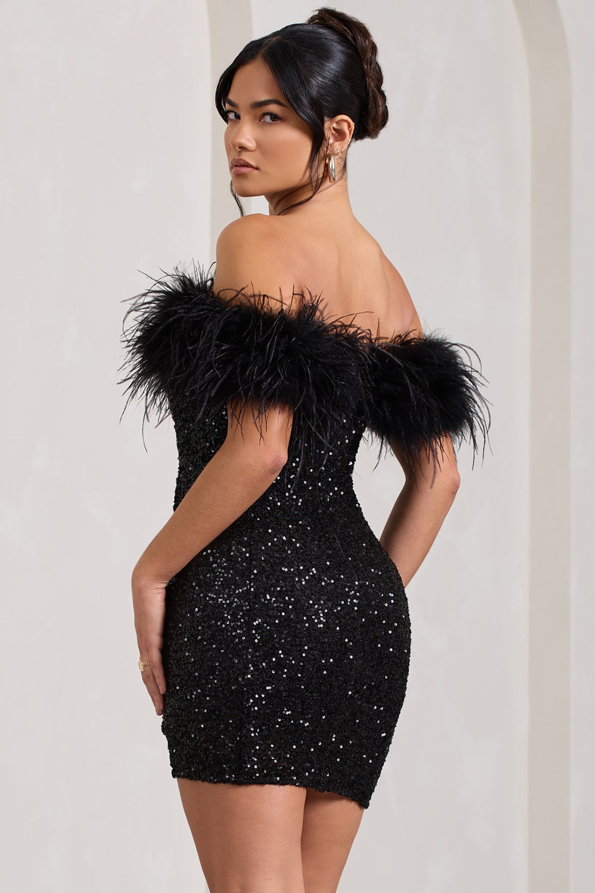 Black Sequin Bardot Mini Dress with Feather Trim