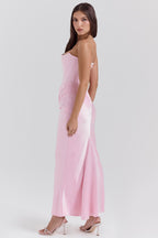 Pink Satin Look Maxi Dress with Structured Bodice