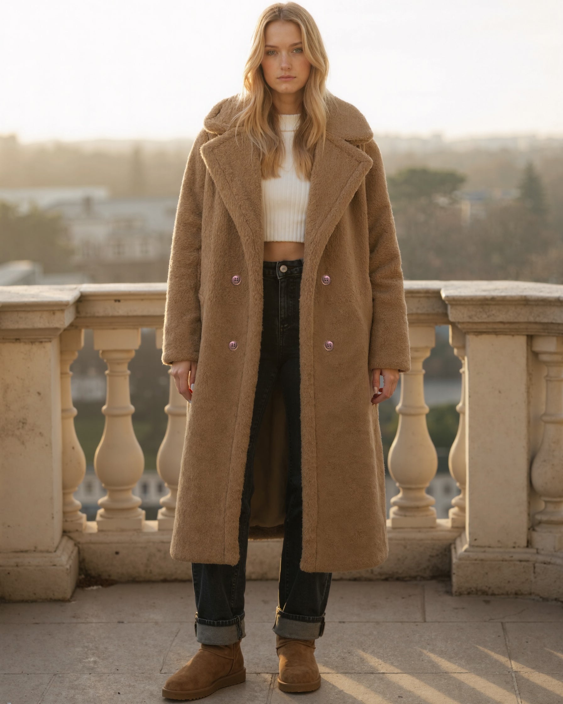 Women's Long Teddy Coat with Straight Silhouette