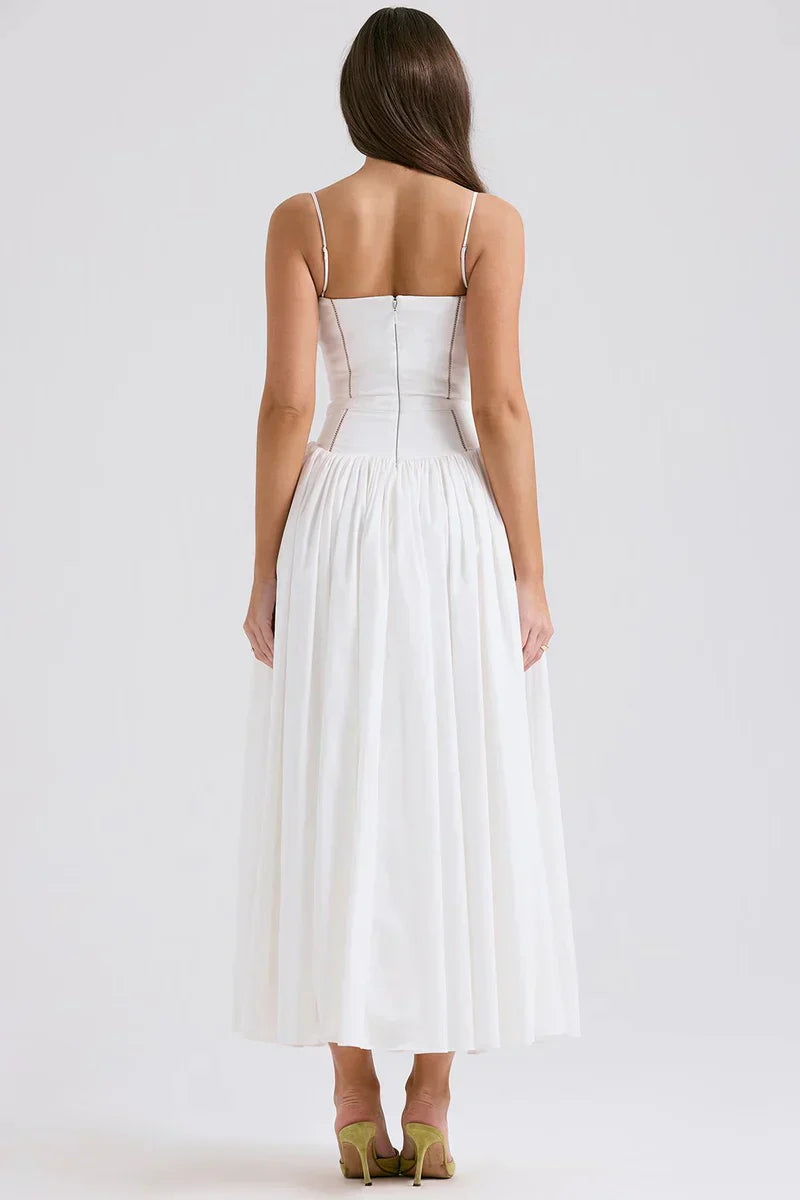White Midi Sundress with Fitted Bodice and Flowy Skirt