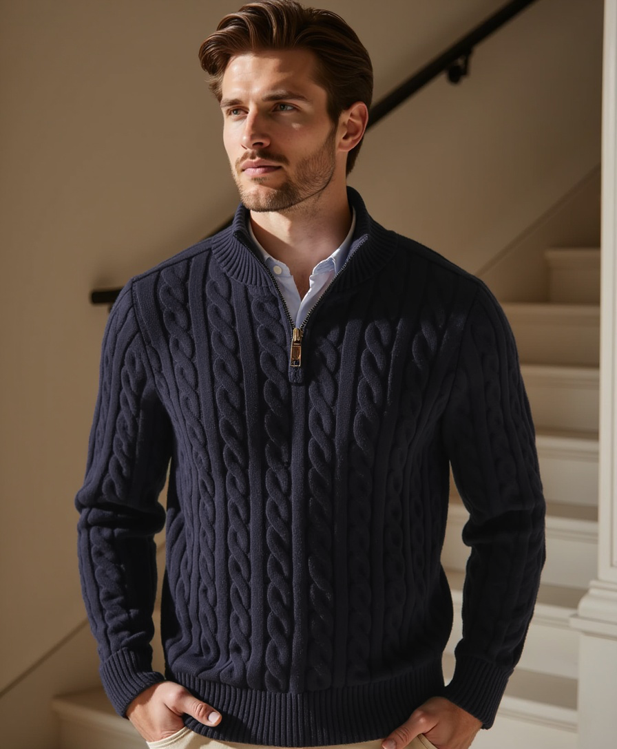 Men's Ribbed Cotton Half-Zip Sweater with High Neck