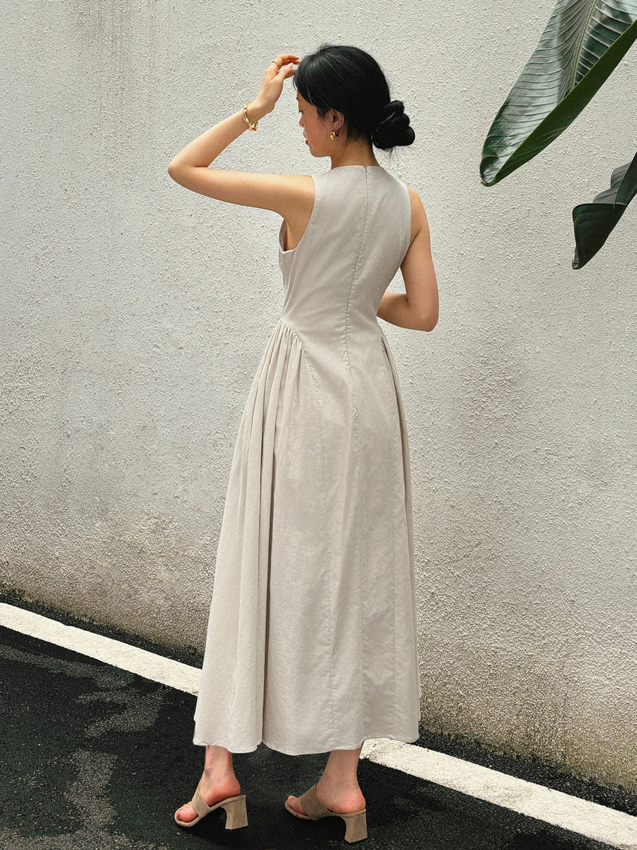 White Sleeveless Maxi Dress with Mock Neck and Cut-Out Detail