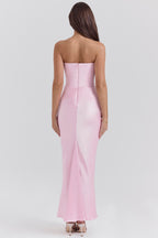 Pink Satin Look Maxi Dress with Structured Bodice