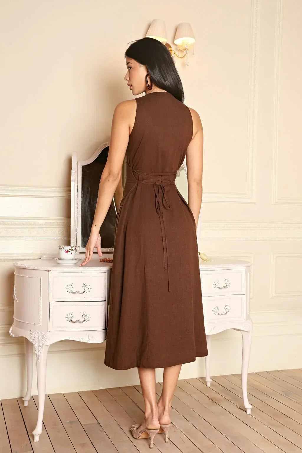 Brown Button Front Midi Dress with Cinched Waist