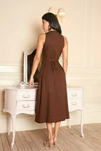 Brown Button Front Midi Dress with Cinched Waist