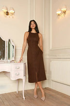 Brown Button Front Midi Dress with Cinched Waist
