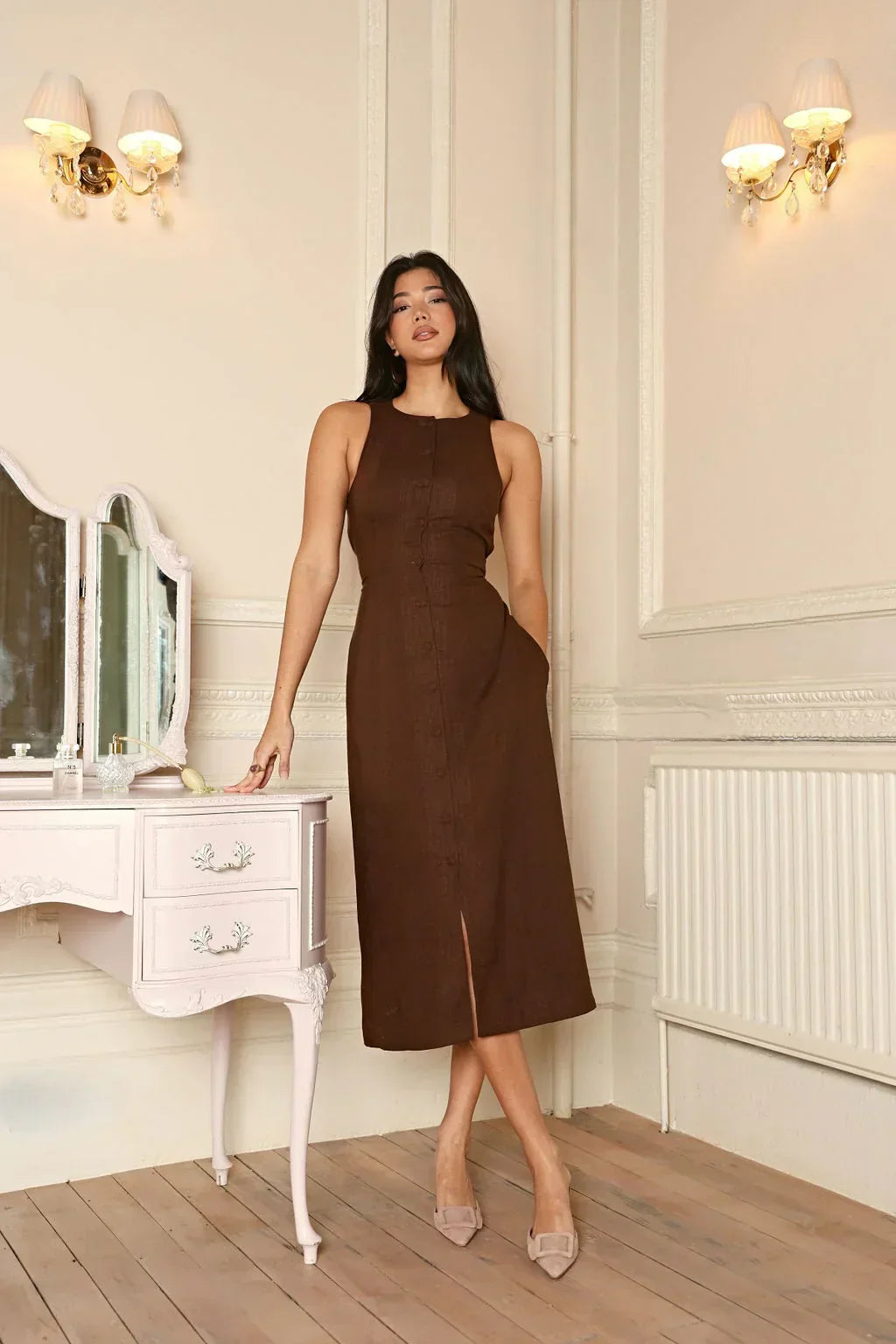 Brown Button Front Midi Dress with Cinched Waist