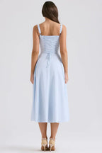 Blue Midi Dress with Corset Bodice and Side Split