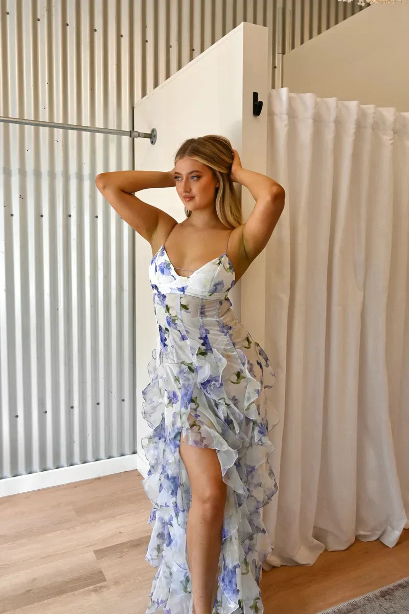 Blue Floral Ruffle Maxi Dress with Corset Bodice