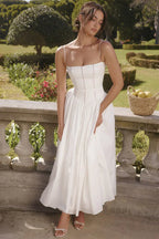 White Midi Sundress with Fitted Bodice and Flowy Skirt