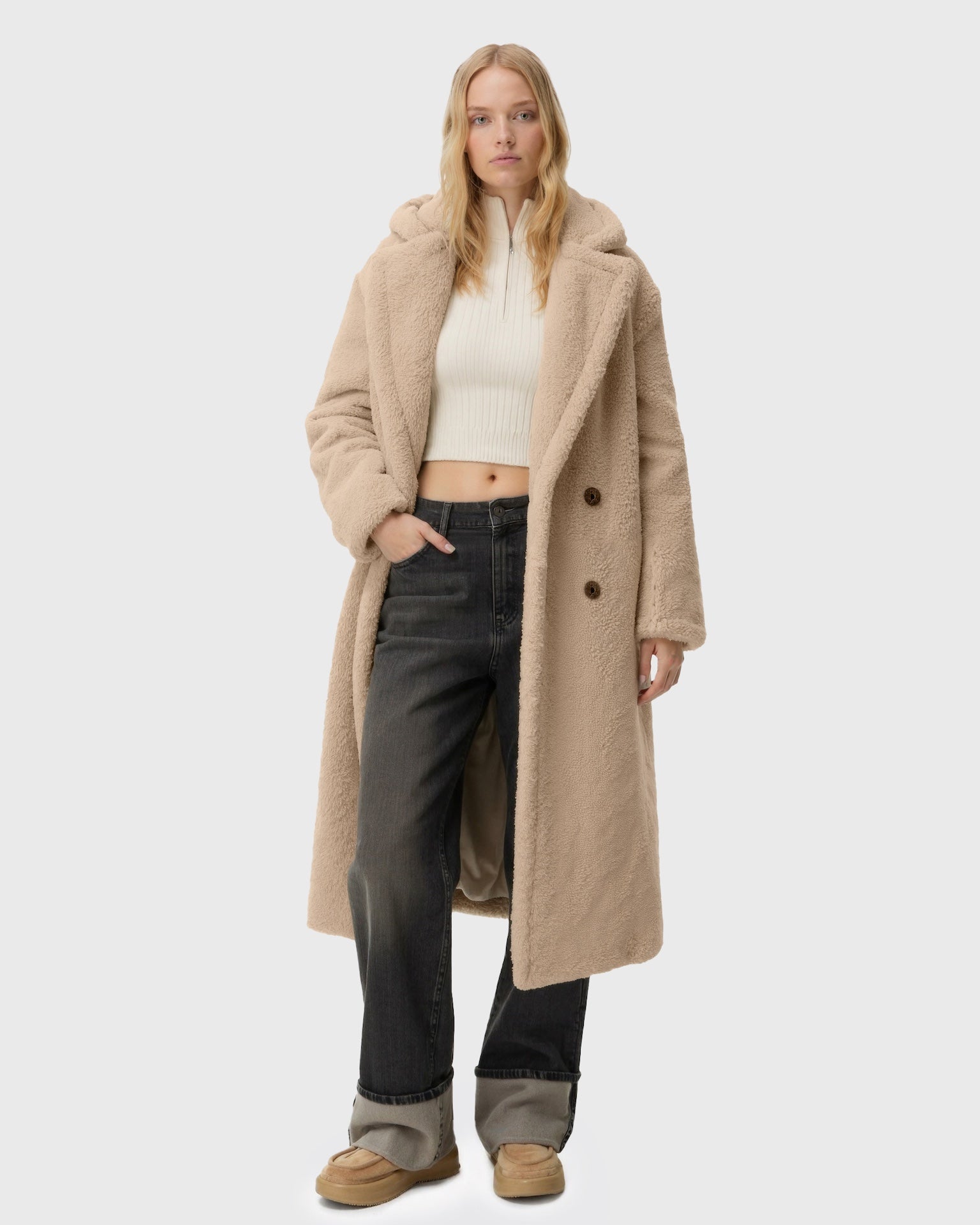 Women's Long Teddy Coat with Straight Silhouette