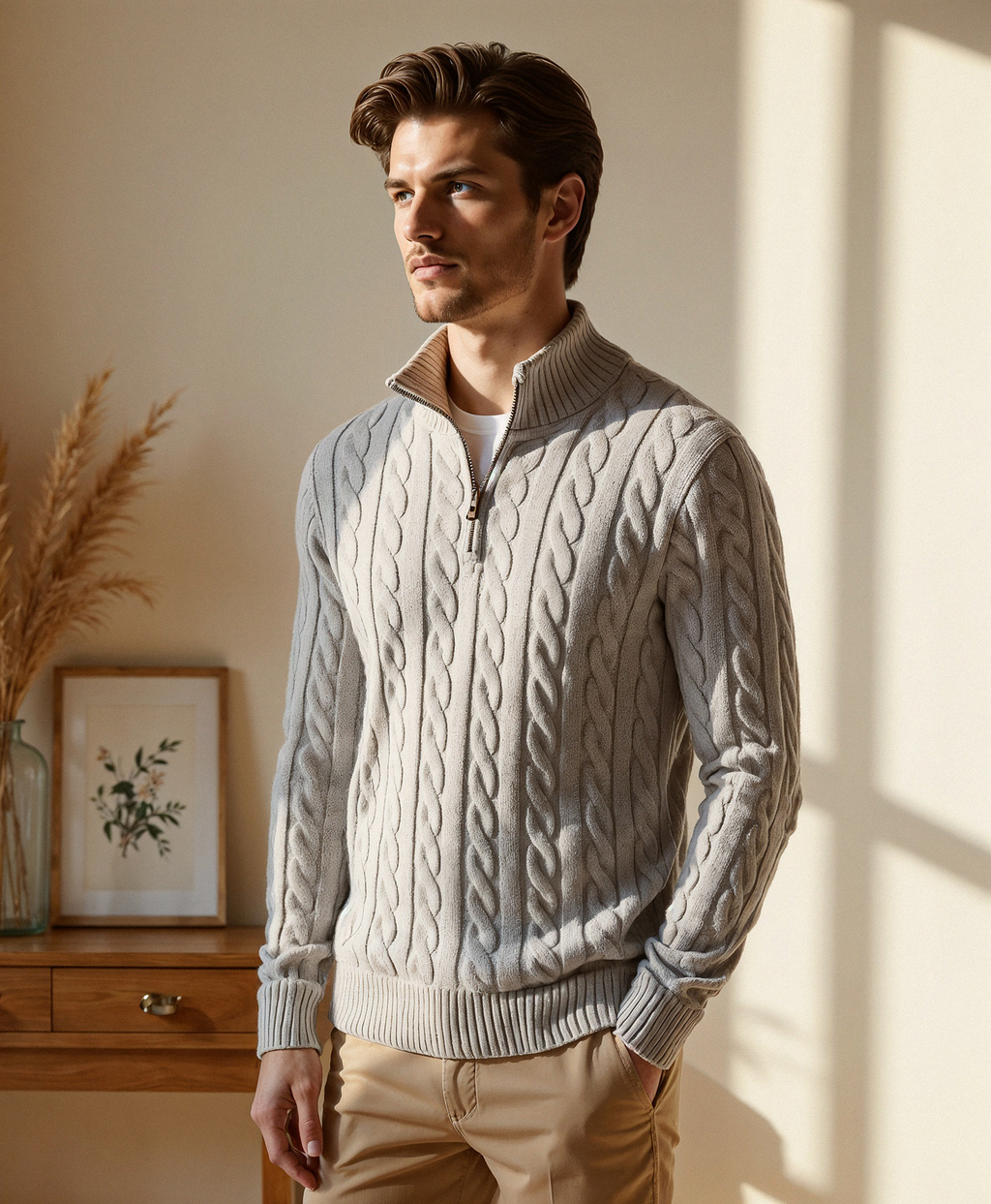 Men's Ribbed Cotton Half-Zip Sweater with High Neck