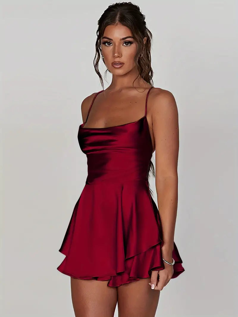 Red Satin Lace Up Mini Dress