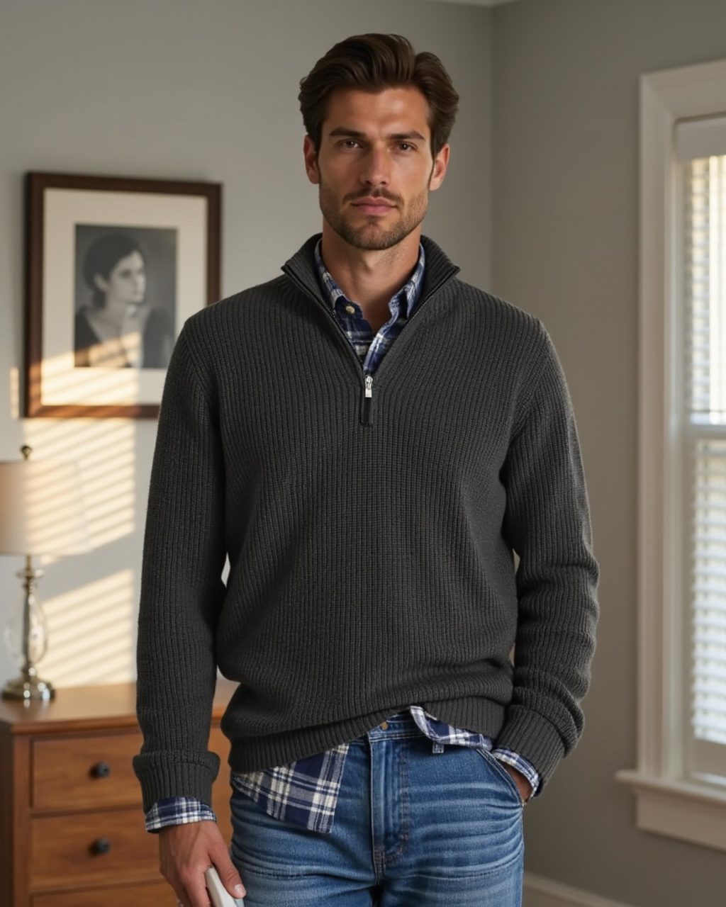 Men's Casual-Fit Sweater with Zippered Collar