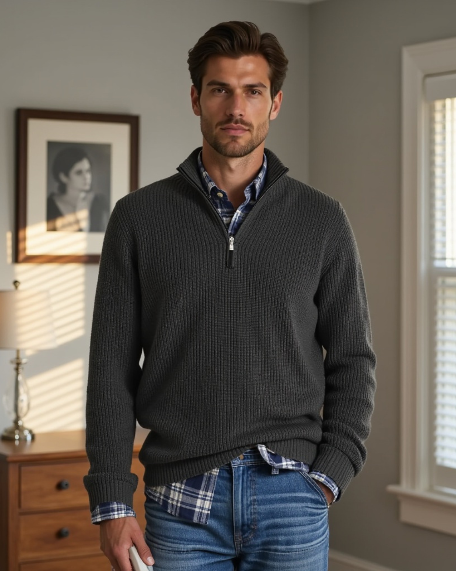 Men's Casual-Fit Sweater with Zippered Collar