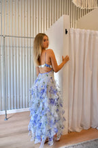 Blue Floral Ruffle Maxi Dress with Corset Bodice
