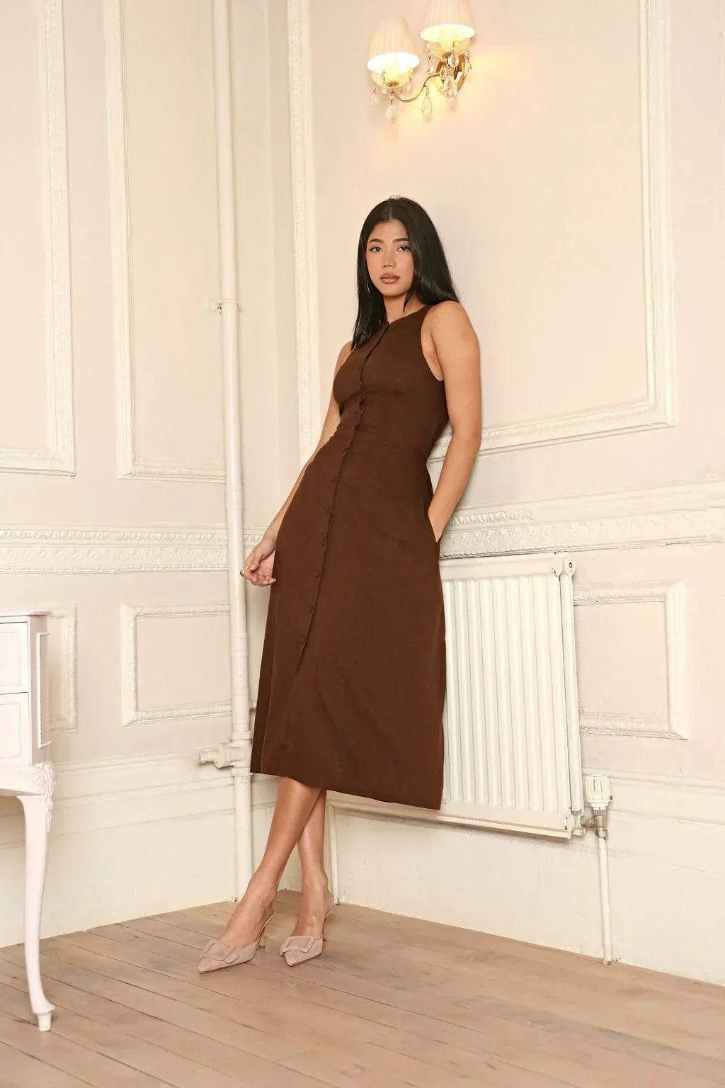 Brown Button Front Midi Dress with Cinched Waist