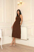 Brown Button Front Midi Dress with Cinched Waist