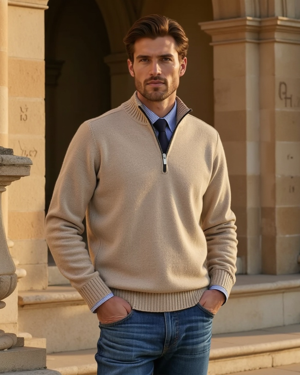 Men's Half-Zip Sweater with Modern Zipper Accent
